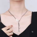 wholesale S925 Sterling Silver Korean-style Layered Chain Pearl Tassel Engraved Rectangular Pendant Fashion Niche Design Collarbone Necklace-0-2