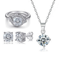 wholesale S925 Sterling Silver European and American Necklace, Row of Diamonds Diamond Plate Ring, Women's Four-Prong Zircon Silver Earrings Jewelry Set of Three-Ring TL-308 + Earrings TLED009 + Necklace TLXL130  US Size 7#