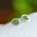 wholesale 925 Sterling Silver with Hetian Jade Inlaid New Chinese Palace Style Cabochon Jasper Stud Earrings for Women-0-1