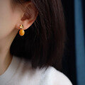 wholesale S925 Silver Inlaid Natural Old Beeswax Maple Leaf Stud Earrings, Mustard Yellow Amber Ear Drops-0-3