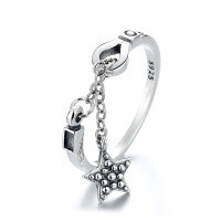 wholesale S925 Sterling Silver Double Layer Star Letter Luck/Pentagram Tassel Chain Ring-389FJ/B model: approximately 2.3g &gt; opening adjustable