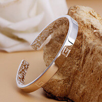 wholesale 990 Sterling Silver Vintage Open-Ended Solid Blessing Character Bangle for Middle-Aged Women Mother's Day Gift-Bracelet approx. 17.7g  990 silver