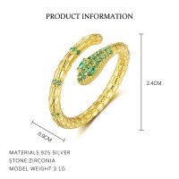 wholesale S925 Sterling Silver Four-leaf Clover Necklace, Adjustable Snake Ring, And Emerald Zircon Earrings Set-K2257_Green Nano_18K Yellow Plated_Medo 7# 925 Silver