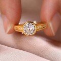 wholesale Gold Plated S925 Silver Moissanite Ring with Round Center Stone, Bezel Setting, Shank Set with Stones, Simple and Versatile Women's Style, Bestseller-0-2