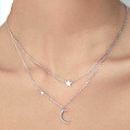 wholesale S925 Sterling Silver Micro-Paved Zircon Moon and Five-Pointed Star Necklace, Star Fashion Light Luxury Elegant Niche Double-Layer Choker-0-0