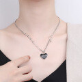 wholesale S925 Sterling Silver Korean Style Enamel Black Heart Double-Sided English Letter Pendant Chain Sweet and Edgy Collarbone Necklace for Women-0-2