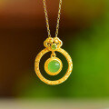 wholesale 925 silver gold-plated ethnic retro-style jade pendant for women with certificate, hollow-carved Ruyi design inlaid with Hetian jade and green jade-0-3