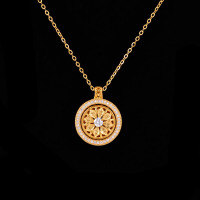 Sterling Silver Rotating Sunflower Compass Pendant with Sand Gold and Diamond Inlay-S925 Sterling Silver Rotating Compass YD2-0270BJ 925 Silver
