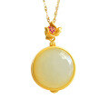 wholesale Gold-plated 925 Silver Ornate Openwork Lotus Pendant with Hetian Jade Inlay, Ethnic Style-0-4
