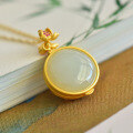 wholesale Gold-plated 925 Silver Ornate Openwork Lotus Pendant with Hetian Jade Inlay, Ethnic Style-0-5