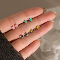 wholesale S925 Silver Drip Glaze Colorful Rotating Thread Earrings Minimalist Round Smiley Expression Summer Small Earrings M00135-S925 silver pair cyan>925 silver