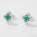 wholesale S925 Sterling Silver Gold-Plated, Vintage-inspired Cross-border New Clover Hollow Out Cultivated Emerald Stud Earrings for Women-0-1