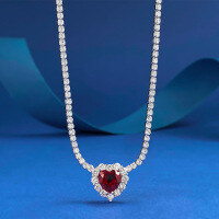 wholesale Metal material: 925 Sterling Silver Zhuozhifang Jewelry 8*8 Heart-shaped Ruby Inlaid Women's Pendant Necklace Fashion Anniversary Commemoration Engagement-N065 Red Heart Necklace 925 Silver