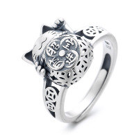 wholesale S925 Sterling Silver Ins-style Rotatable Money Cat Ring, Vintage Chinese Style Ring-666J/approx. 5.2g Adjustable opening