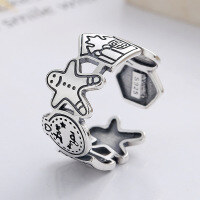 wholesale S925 Sterling Silver Creative Graffiti Fairy Tale Character Gingerbread Man Small House Open Ring Cute Internet Celebrity Style-755J/approx. 4.1g Opening adjustable
