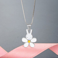wholesale 925 Sterling Silver European & American Style Cross-border Accessories Bunny Necklace for Women, Cartoon Creative Design with Enamel Flower Pendant-White gold single pendant - without chain>925 silver