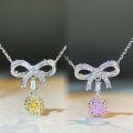 wholesale S925 Sterling Silver Necklace for Women with Bowknot, Ins Style, Simple and Versatile, High-End and Adorable, Sweet Chain with Pink Diamond Pendant-0-0