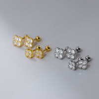 wholesale S925 Sterling Silver Diamond-Inlaid Four-Leaf Flower Earrings, Korean Style Fashionable and Fresh Ins Style Accessory M05243-Silver>925 silver 5mm