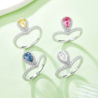 wholesale S925 silver fashion crown teardrop V-shaped ring with 1ct colored moissanite for cross-border live streaming wholesale in Europe and America-Blue Moissanite Ring>US Size 7