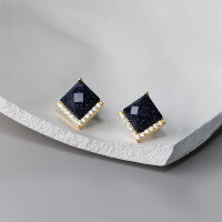 wholesale S925 silver women's fashion square amethyst sand and black onyx trendy diamond-inlaid elegant ear studs E0639-E0639-Round Earrings 925 Silver