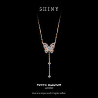 Metal Alloy Delicate Double-Layer Butterfly Collarbone Necklace with Moissanite Long Fringe.-S925 Sterling Silver Rose Gold + 50 Points Moissanite