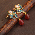 wholesale 925 silver earrings with certificate, new Chinese-style antique earrings, trendy enamel butterfly inlaid with red agate and chalcedony-0-1
