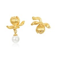 wholesale Original design retro handmade brushed floral earrings for women, S925 silver gold-plated, lightweight luxury fashion pearl earrings, customizable-10K gold + swimming paint  925 silver
