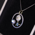 wholesale S925 Sterling Silver Plated Petite Design-Inspired Planet Collarbone Necklace with Natural Cream Blue Moonstone Gemstone Pendant-0-1