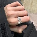 wholesale S925 Sterling Silver Minimalist New Chinese Style Floral Adjustable Open Ring with Shell Pearl and Frosted Textured Bloom-0-0