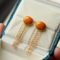wholesale S925 Silver Vintage Natural Old Amber Beeswax Mustard Yellow Amber Earrings with Tassels, High-End-0-0