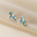 wholesale S925 Sterling Silver Synthetic Pearl Series Blue Three-Petal Flower Ear Studs Sweet and Unique Ear Accessories M02375-0-0