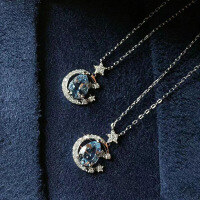wholesale 925 Sterling Silver Blue Starry Sky Necklace for Women, Small and Unique Design with Micro-Set Teardrop Aquamarine and Crescent Moon Pendant-Copper platinum