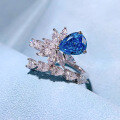 wholesale S925 Silver 7*10 Pear Shape Aqua Blue High Carbon Diamond Ring European and American Cross-Border White Gold Diamond Ring-0-2