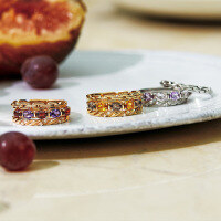 wholesale S925 silver jewelry set, Japanese VA-style natural citrine and smoky quartz three-piece ring, OL fashion chain ring-Citrine and Smoky Quartz Chain Three-Piece Ring Set  No. 17