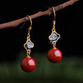 wholesale Silver-gilt, Enamel Cloisonné, Imperial Cinnabar Bead Earrings with Lotus Motif in Neo-Chinese Palace Retro Style-0-6