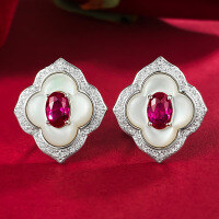 wholesale S925 Sterling Silver New Jewelry 4*6 Pigeon Blood Red Simulated Diamond Oval Earrings, Simple Vintage Elegance-E460 Pigeon Blood Red 925 Silver