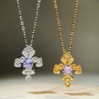 wholesale 925 Sterling Silver Iris Flower Necklace for Women, Small and Unique Vintage Style, Versatile Sterling Silver Collarbone Chain with Hollow-out Design and Purple/Carbon High Diamond Accents-Silver-XL326>925 silver