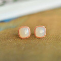 wholesale 925 Silver with Certificate, New Chinese Style Square Ancient Pattern Inlaid Jade Earrings, Simple Hetian Jade Stud Earrings for Women-0-2