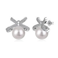 wholesale S925 Sterling Silver Elegant Bow Pearl Design Women's Earrings, Luxurious and Versatile-Platinum DY1D0402-SW-WH 925 Silver