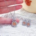 wholesale Metal material first, cross-border Korean version orange gemstone earrings for women, summer fashion lightweight luxury non-fading micro-set zircon flower necklace set-0-1
