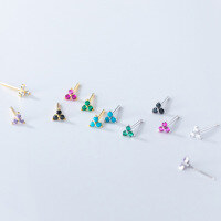 wholesale S925 Sterling Silver Colorful Diamond Clover Stud Earrings for Layering, Petite and Minimalist Sweet Small Earrings G9846-S925 silver pair of silver blue diamonds 925 silver