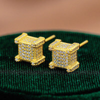 S925 Sterling Silver Rhombus Hip-Hop Moissanite Stud Earrings-Set with moissanite - Gold  925 Silver