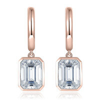 wholesale S925 silver gold-plated, TikTok hot sale, emerald cut 6*8mm, bezel-set moissanite, ins-style earrings for women-Rose gold (shipping in 4 days)  925 silver (2+2 carats total)