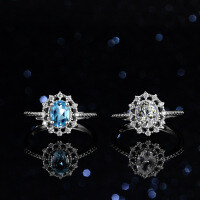 Sterling Silver Natural Blue Topaz Moissanite Ring One Carat Oval Twist Setting-Inlaid with blue topaz  Adjustable opening