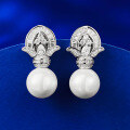 wholesale Metal: 925 Silver New 11mm Synthetic Pearl Earrings, Vintage Style, TikTok Hot Seller-0-1