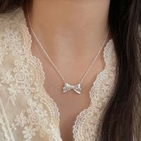 wholesale S925 Sterling Silver Bow Necklace for Women, Korean Spring and Summer New Arrival, Versatile Minimalist High-End Collarbone Chain-Pure silver (40+5CM)