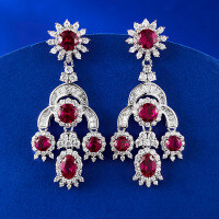wholesale S925 sterling silver set with ruby and round diamonds, new palace-style vintage luxury French jewelry from MuJing Jewelry-E417 Red Diamond 925 Silver