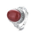 wholesale S925 Sterling Silver Vintage Antique Craft Floral Accent Southern Red Agate Ring Luxury Elegant Band-0-4