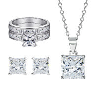 wholesale S925 Sterling Silver Zircon Square Stud Earrings and Square Necklace Set with Stackable Rings, High-End-Earrings TLED110 925 silver