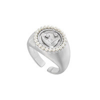 wholesale S925 Silver Pearl and Diamond Fishtail Ring for Women, High-End Sense, Small and Exquisite French Style, Luxurious and Elegant Openable Circular Silver Ring-Platinum [No. 15/Adjustable]